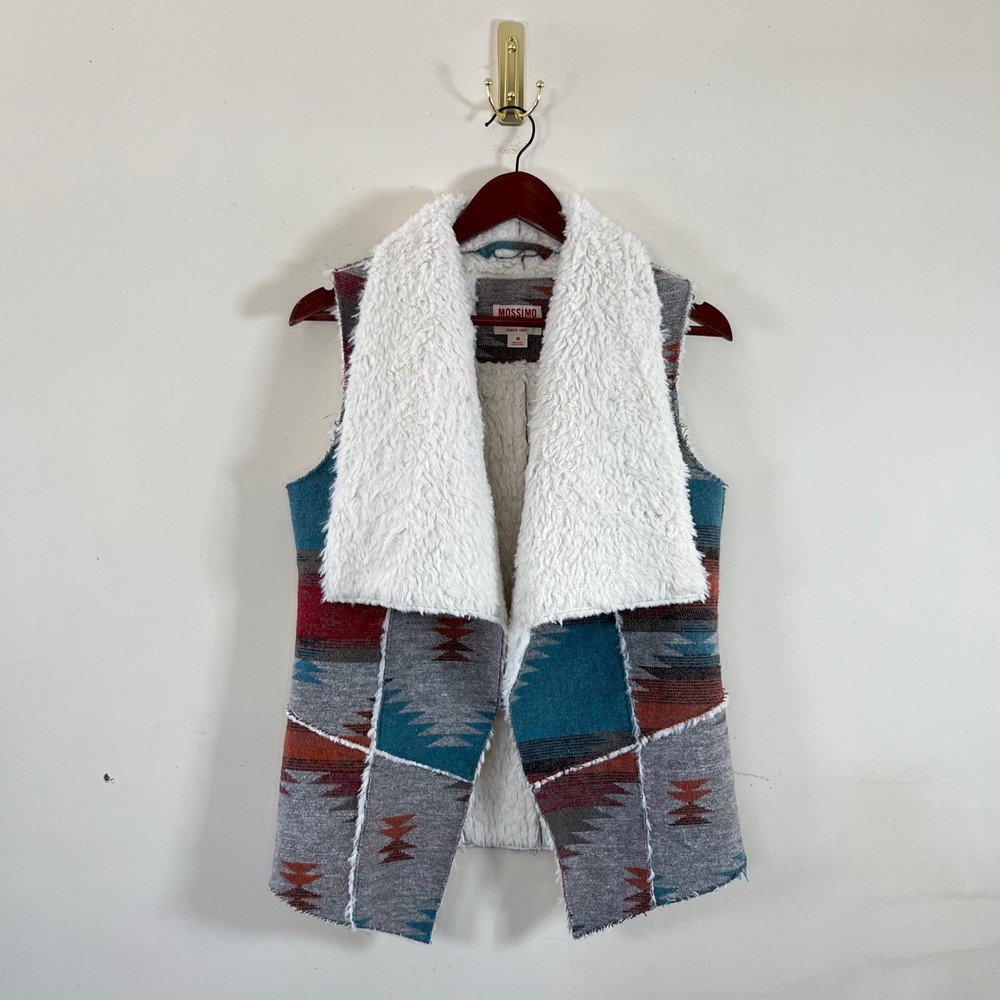 Mossimo Supply Co Faux Fur Western Aztec Print Boho Vest Womens Medium Turquoise